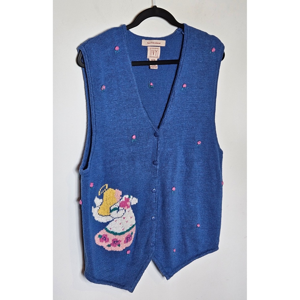 IVY Vintage Hand Embroidered Angel Floral Knit Grandma Sweater Vest Blue XL - Picture 2 of 5